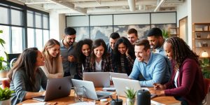 Group of entrepreneurs collaborating in a modern office.