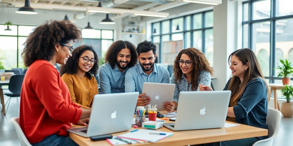 Diverse entrepreneurs collaborating in a modern workspace.