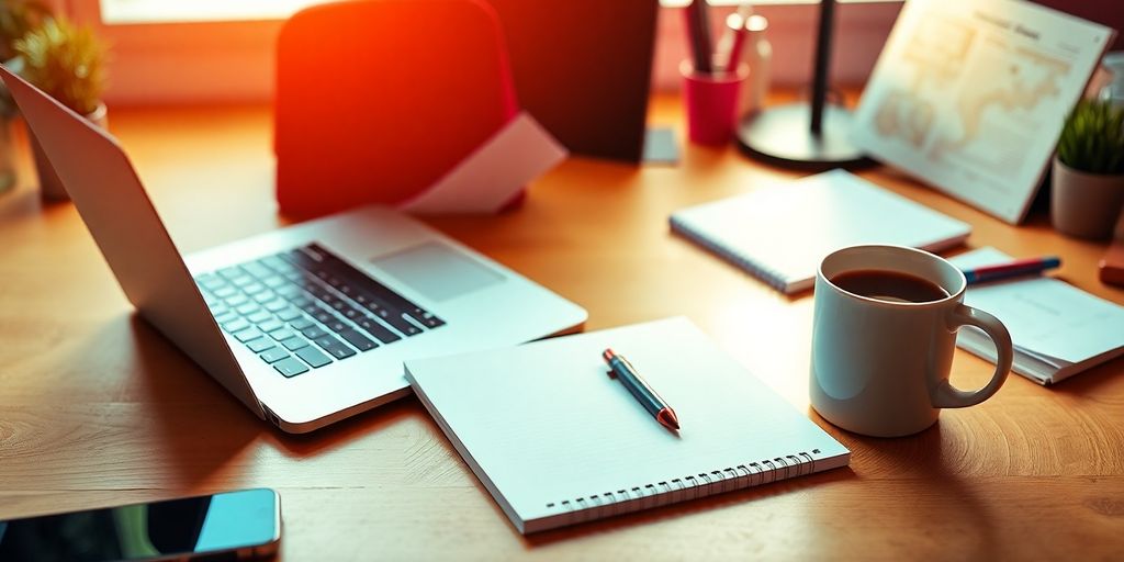 Workspace with laptop, notepad, and coffee cup.