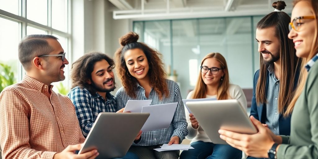 Group of entrepreneurs collaborating in a modern workspace.