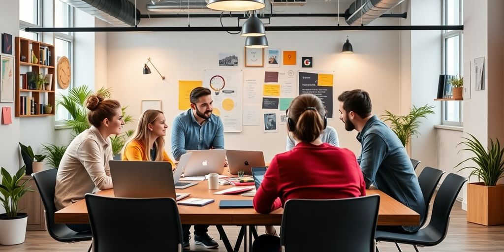 A diverse team brainstorming in a bright workspace.