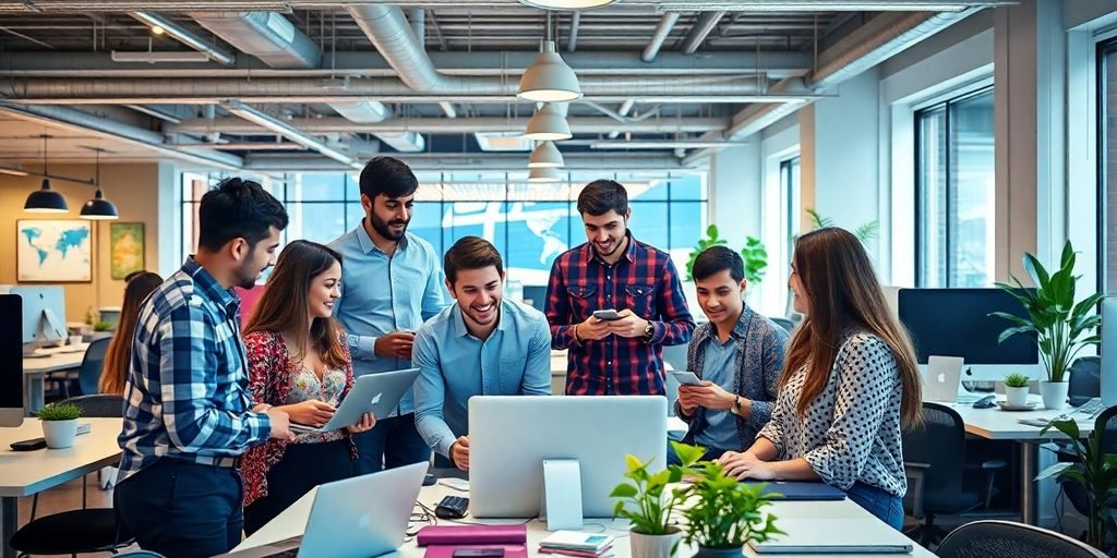 Young entrepreneurs collaborating in a modern office setting.