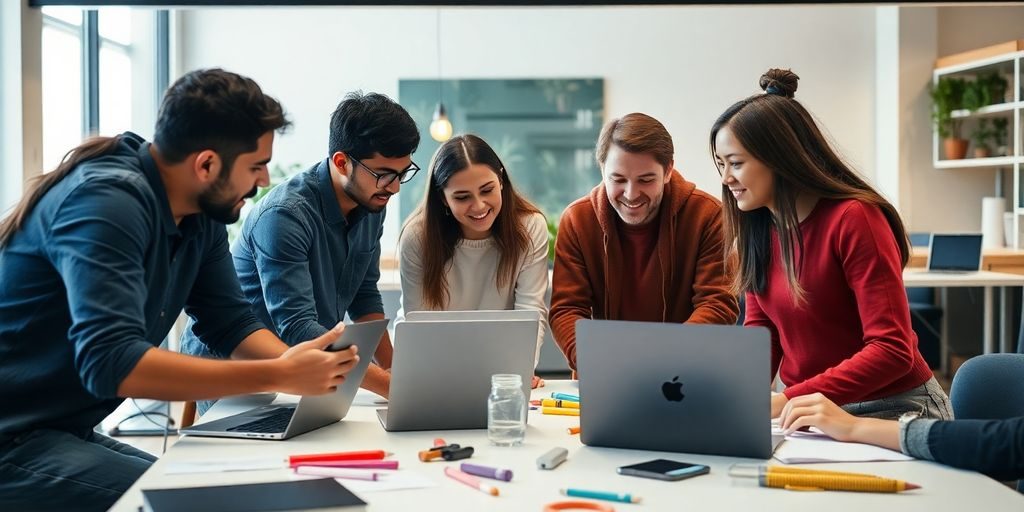 Tineri antreprenori colaborând într-un spațiu de lucru modern.