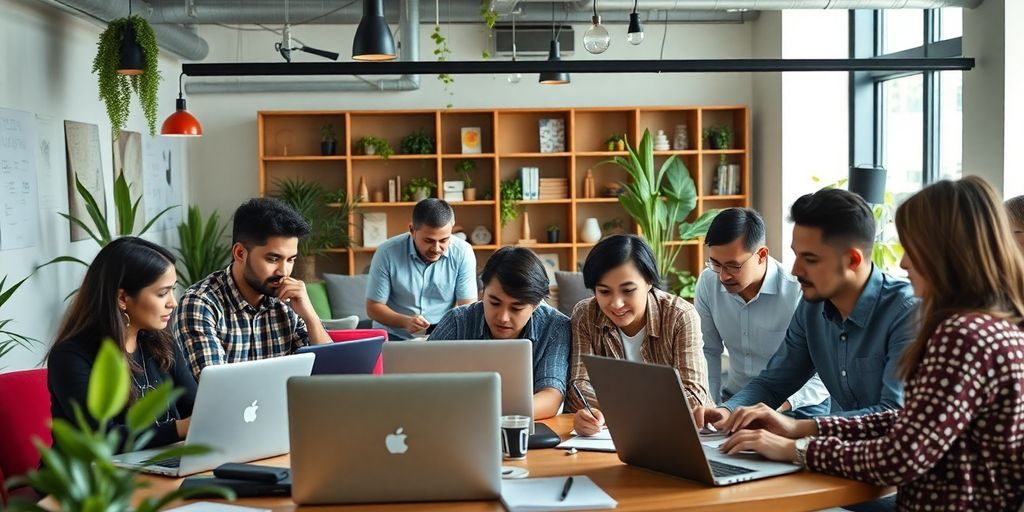 Birou startup vibrant cu antreprenori colaborand.