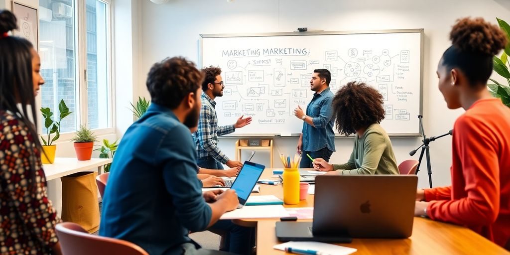 Spațiu de lucru vibrant pentru strategii de marketing inovatoare.