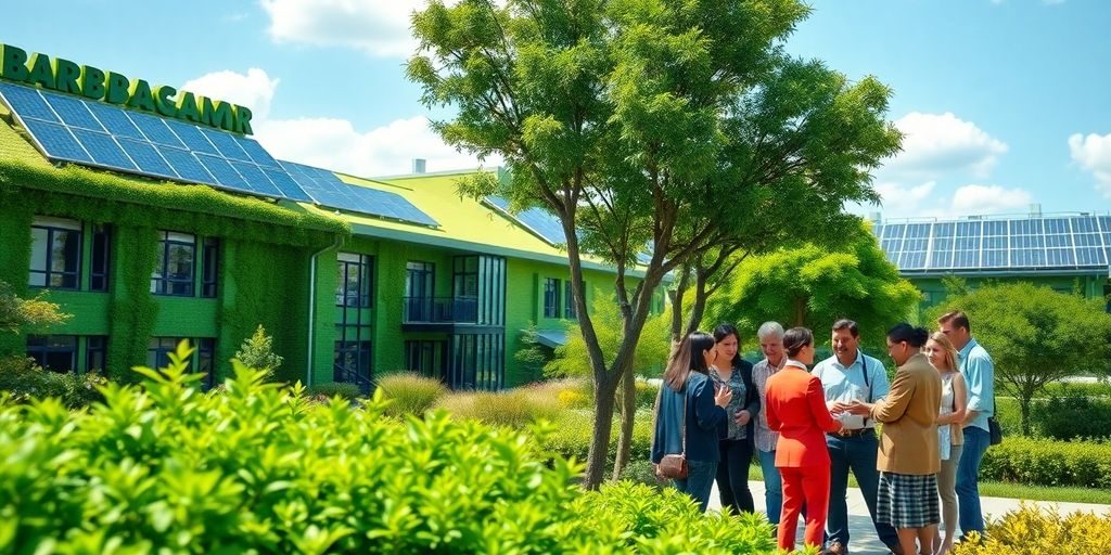 Grup divers de profesioniști într-un parc de afaceri verde.