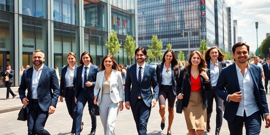 Oameni de afaceri români de succes, pe o stradă din București