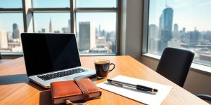 Main page 14 Birou modern cu laptop argintiu, notebook din piele și espresso.
