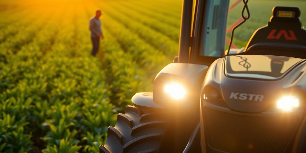 Tractor inteligent, recolte verzi, fermier zâmbitor.