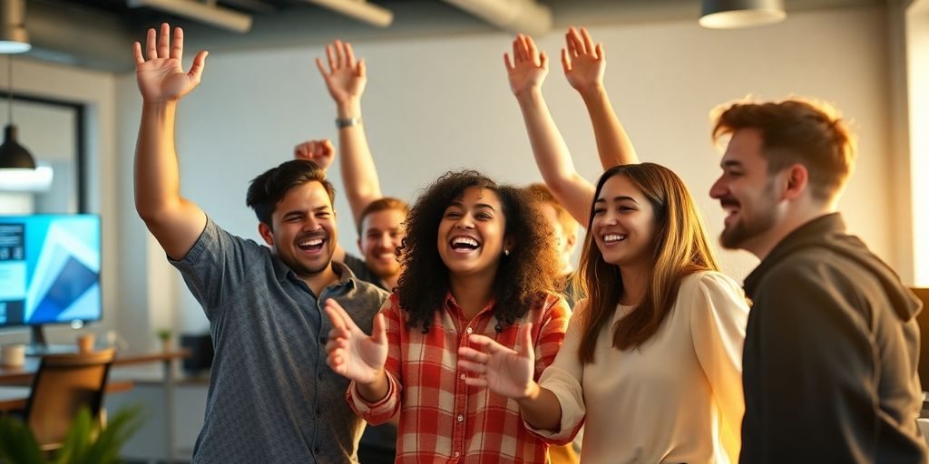 O echipă tânără sărbătorește succesul inițial al startup-ului.