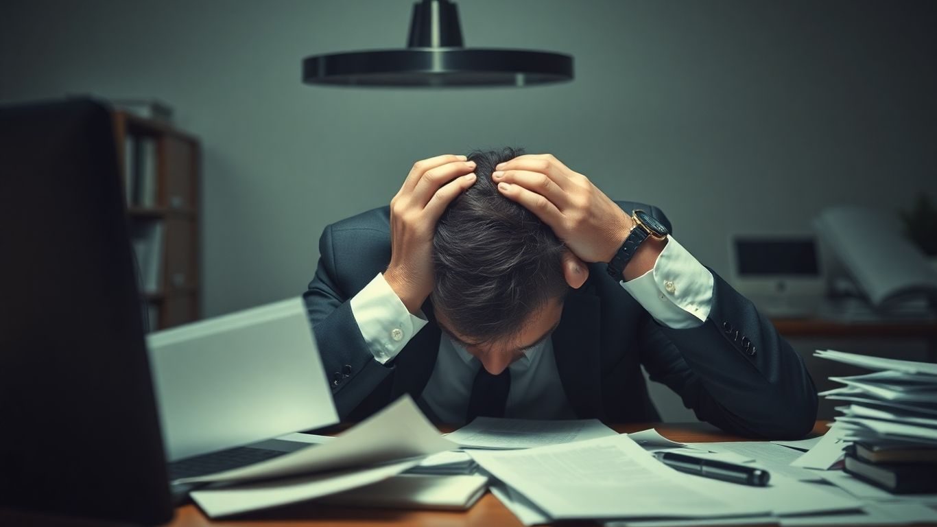 Antreprenor obosit la birou, copleșit de muncă.