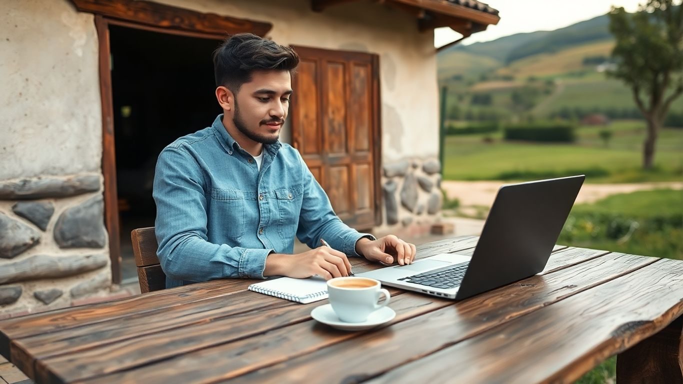Antreprenor tânăr lucrând cu laptop la țară